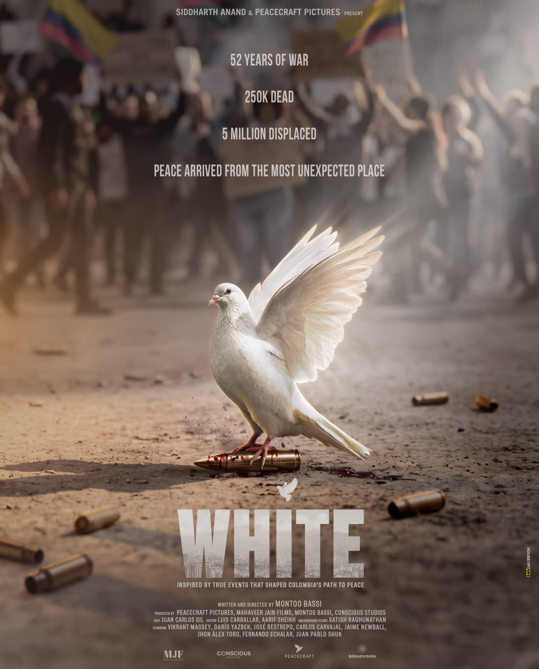 Official teaser poster for White: a white dove stands on a spent bullet casing amid a protest crowd, above the line "Peace arrived from the most unexpected place."